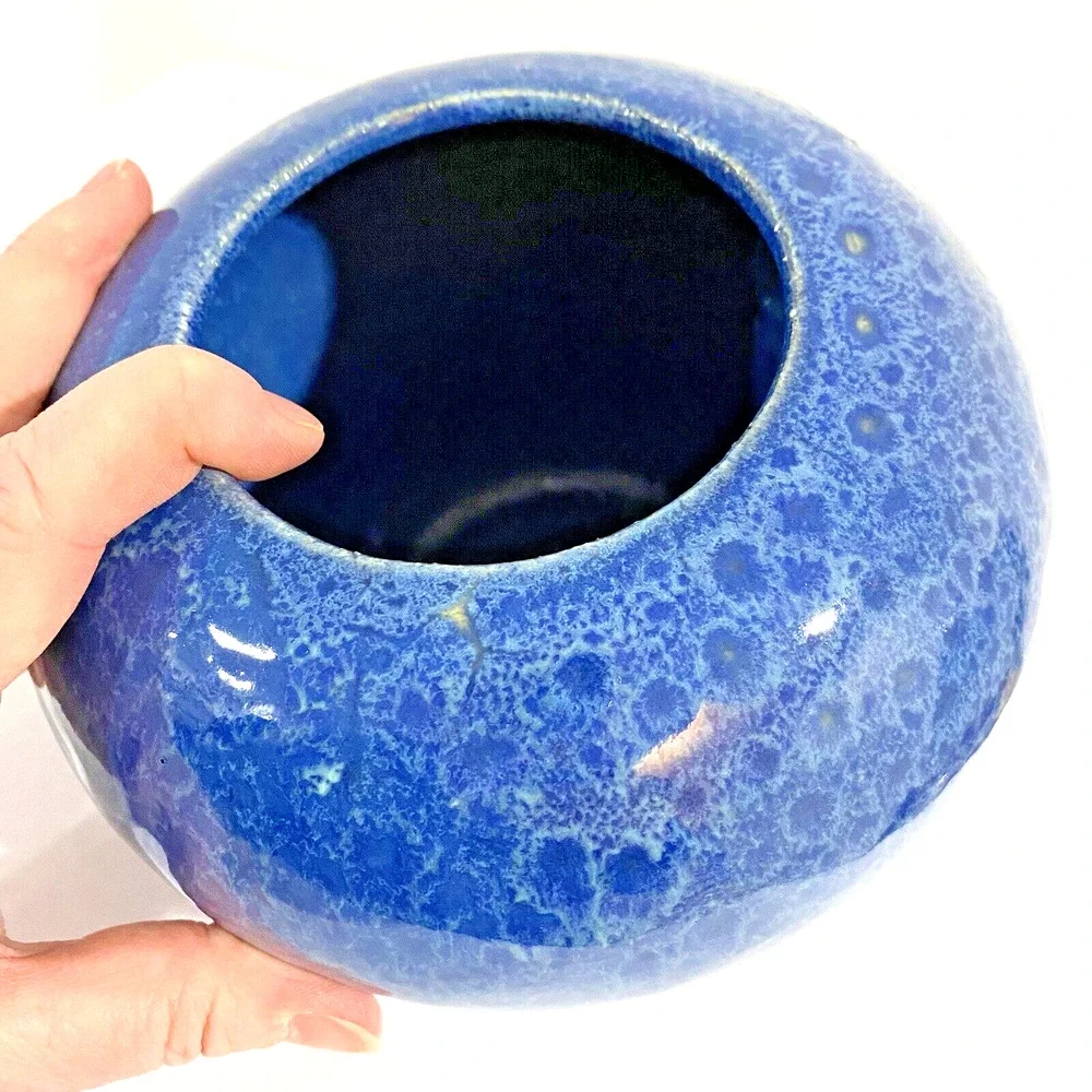 Studio pottery flower pot vase planter deep blue ovoid organic cottage farmhouse